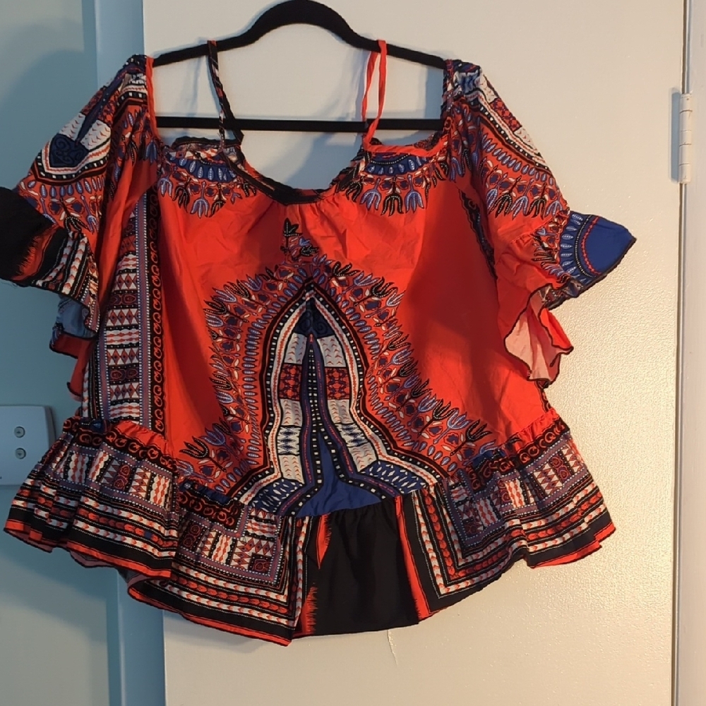 Ashley Stewart African/Tribal Print Cold-shoulder Top w/ Ruffle Sleeves (Orange)